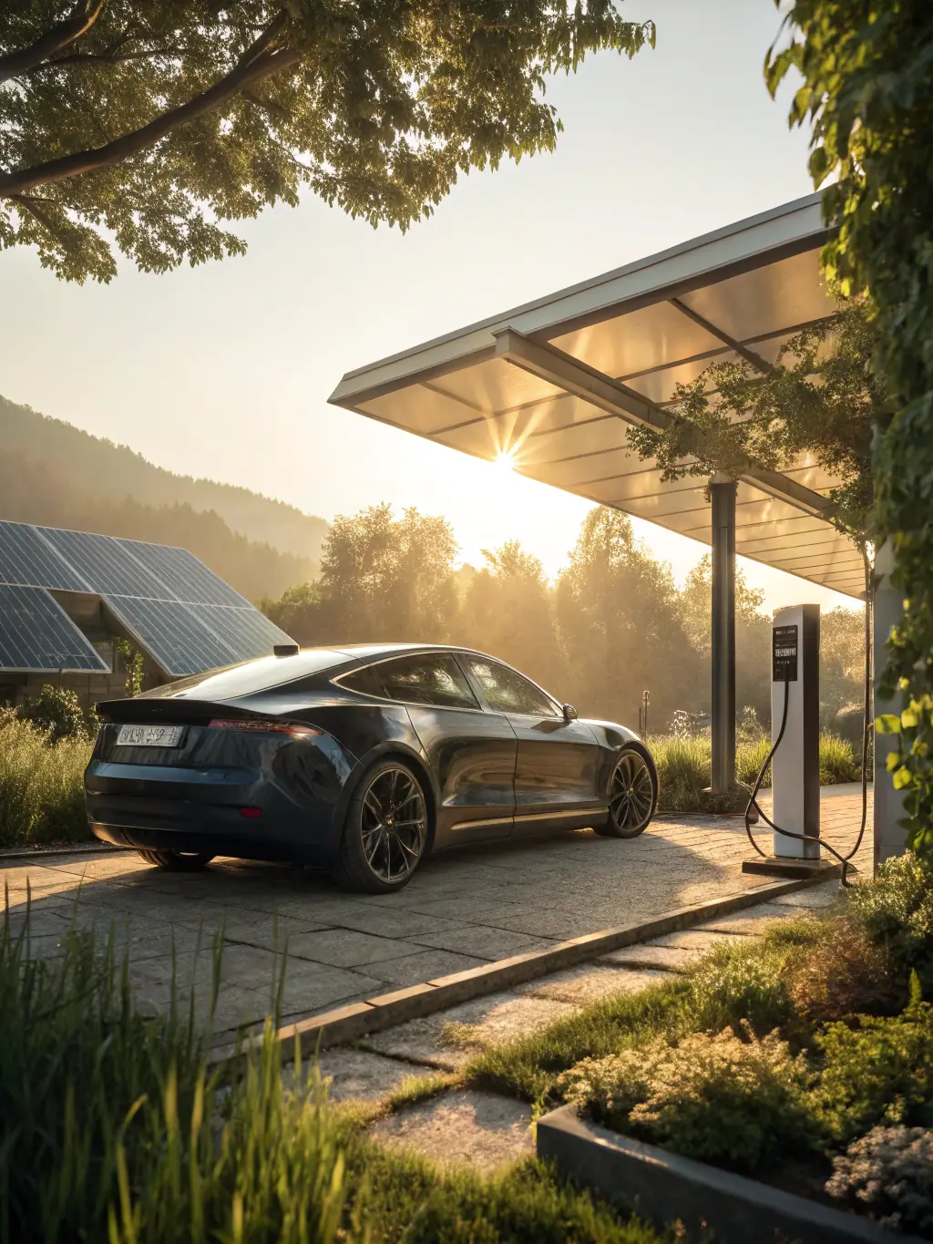An electric vehicle charging station is installed in a public parking area, with an electric car plugged in and charging, promoting sustainable transportation.