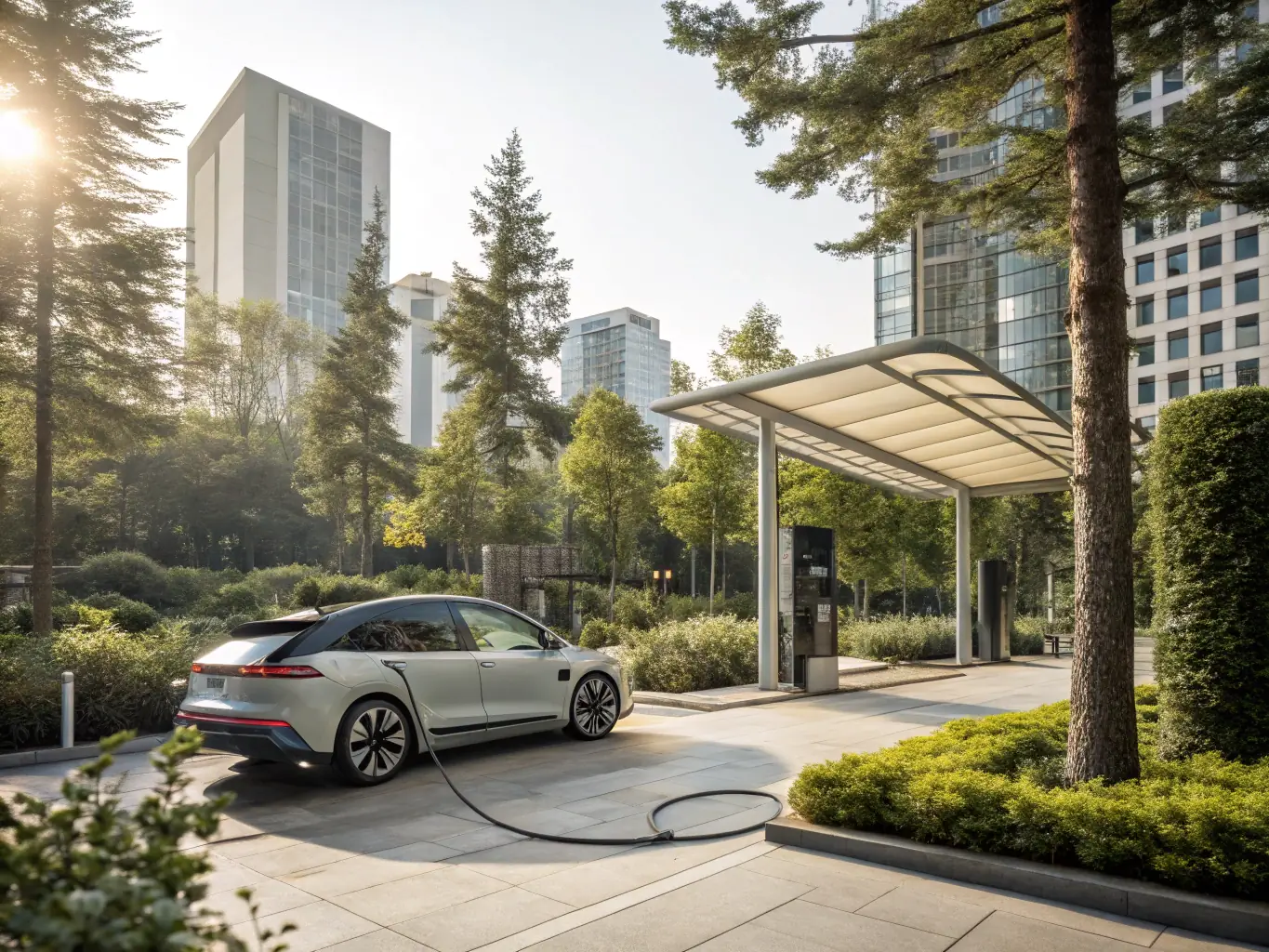 An electric vehicle charging station in an urban setting, with electric cars plugged in and charging, promoting sustainable transportation.