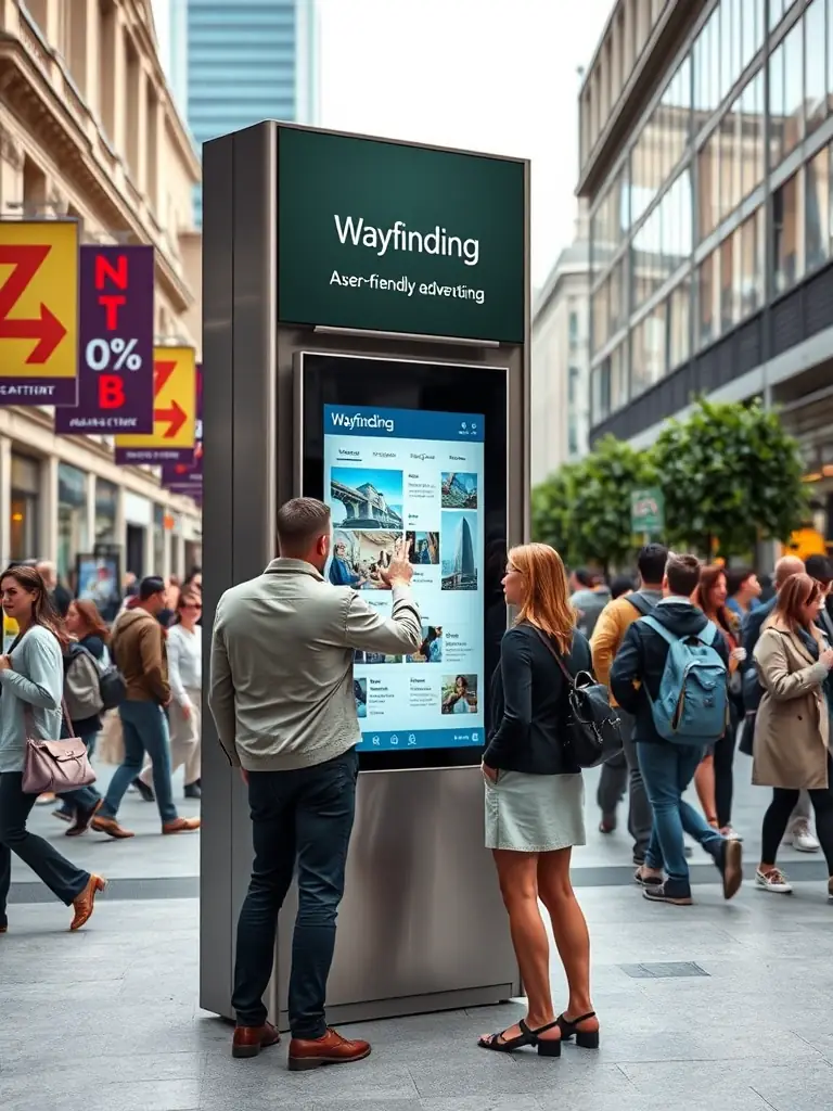 A modern digital wayfinding kiosk stands in a bustling city square, displaying interactive maps and local information, surrounded by pedestrians.