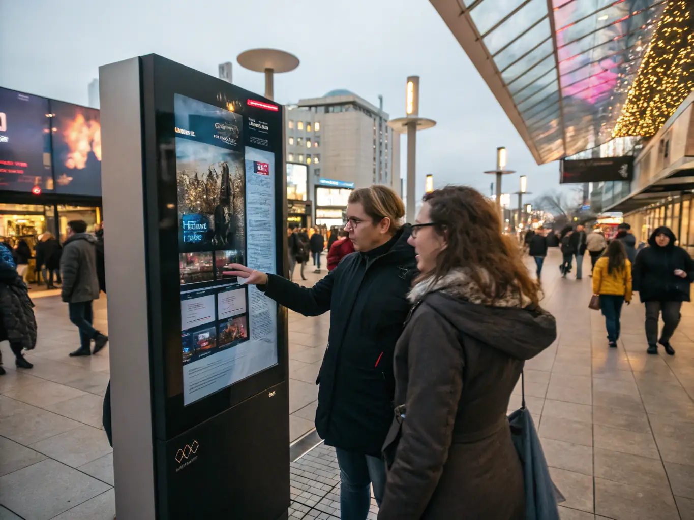 A modern digital wayfinding kiosk in a bustling city center, displaying interactive maps and local information to pedestrians.