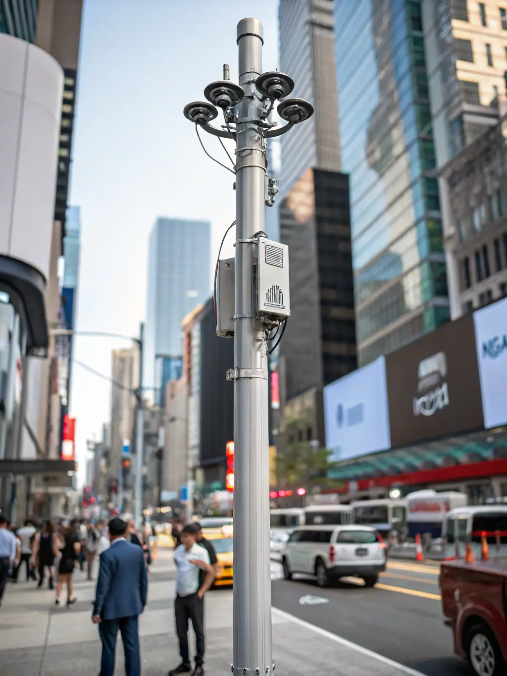A sleek smart pole equipped with sensors, lighting, and communication devices is installed along a city street, showcasing its multi-functional design.