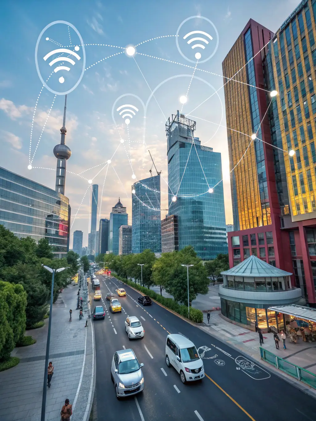 A network of IoT sensors is depicted in a cityscape, illustrating how data is collected and analyzed to improve urban planning and resource management.