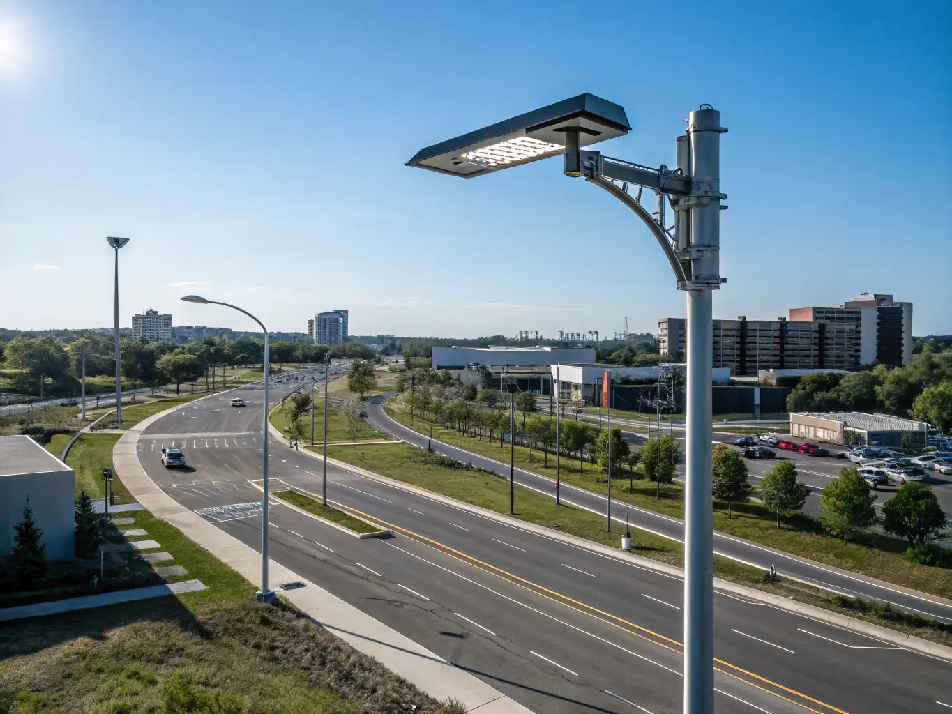 A sleek smart pole equipped with sensors, lighting, and communication devices, integrated seamlessly into a contemporary urban landscape.